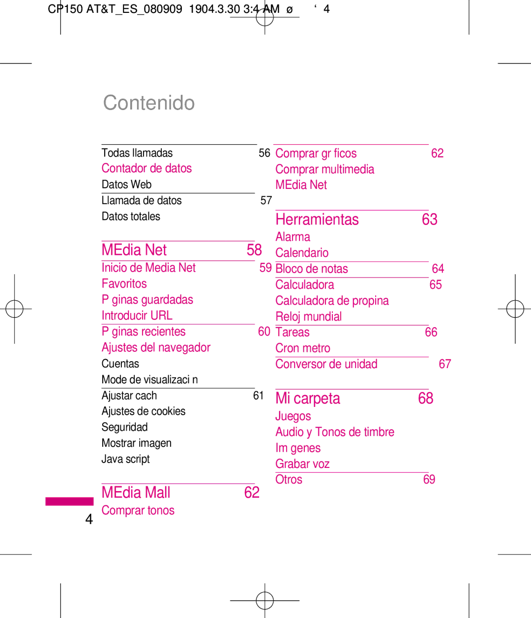 LG Electronics MMBB0292301 manual Contenido, Todas llamadas, Datos Web Llamada de datos Datos totales, Cuentas 