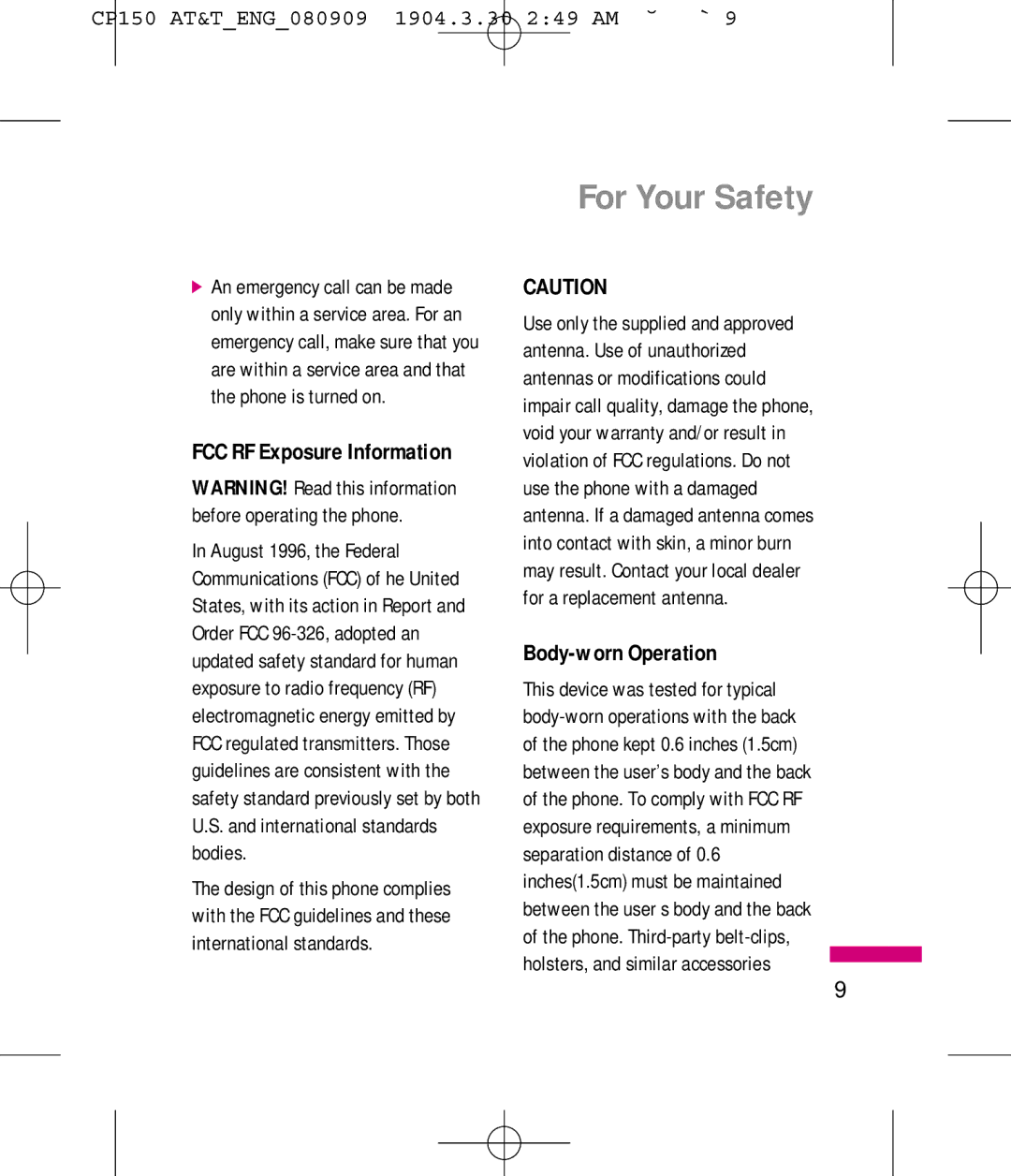 LG Electronics MMBB0292301 manual Body-worn Operation, FCC RF Exposure Information 