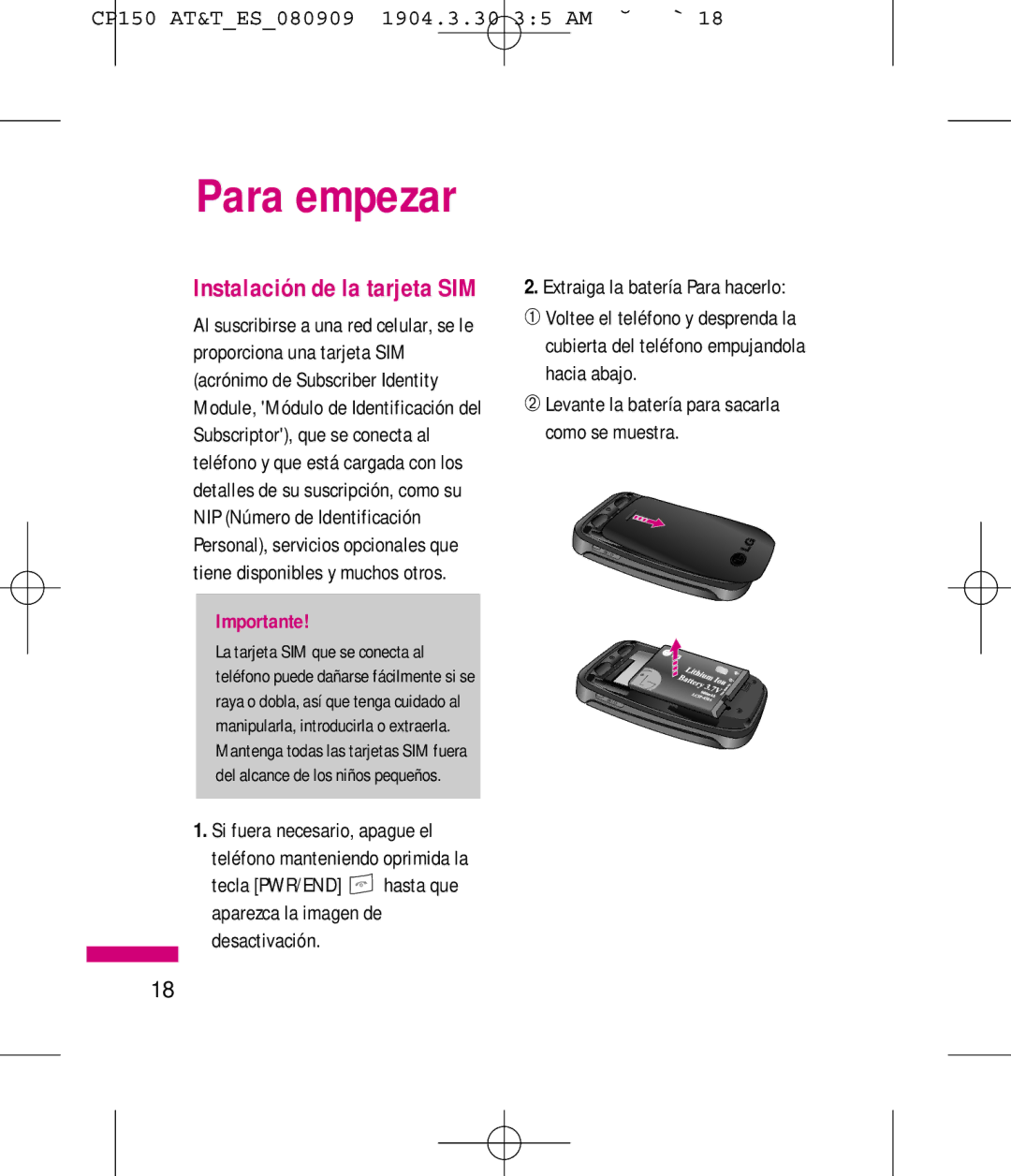 LG Electronics MMBB0292301 manual Para empezar, Instalación de la tarjeta SIM 