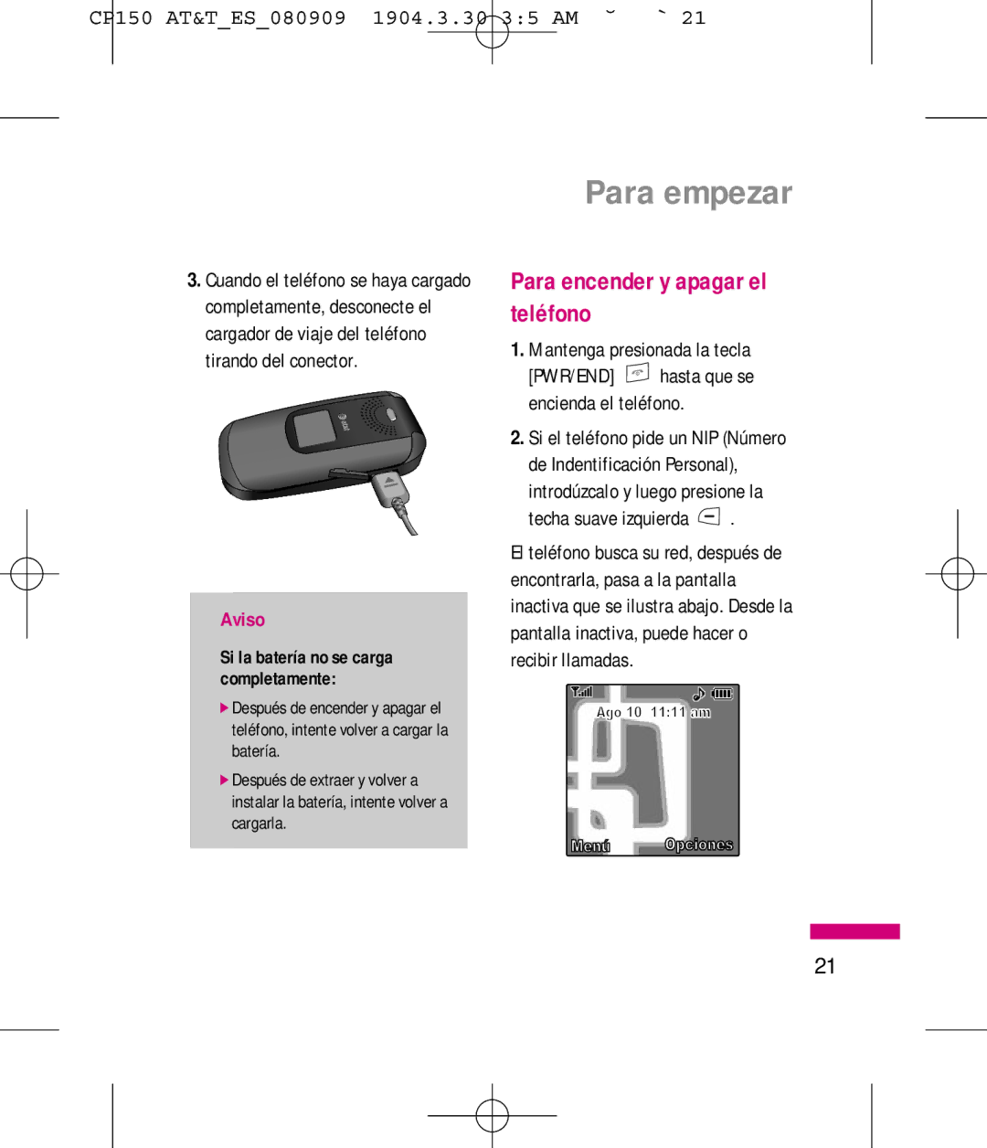 LG Electronics MMBB0292301 manual Para encender y apagar el teléfono, Mantenga presionada la tecla, Techa suave izquierda 