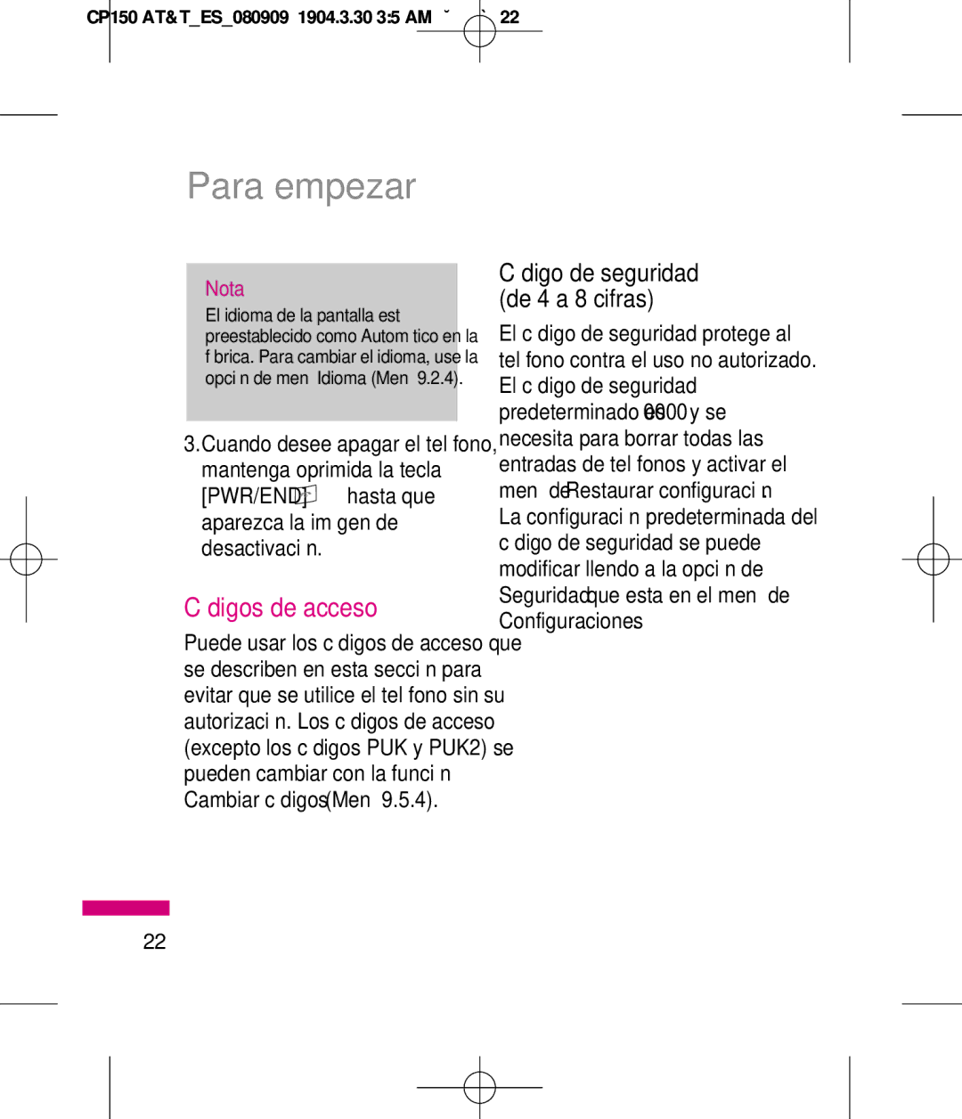 LG Electronics MMBB0292301 manual Códigos de acceso, PWR/END hasta que aparezca la imágen de desactivación 