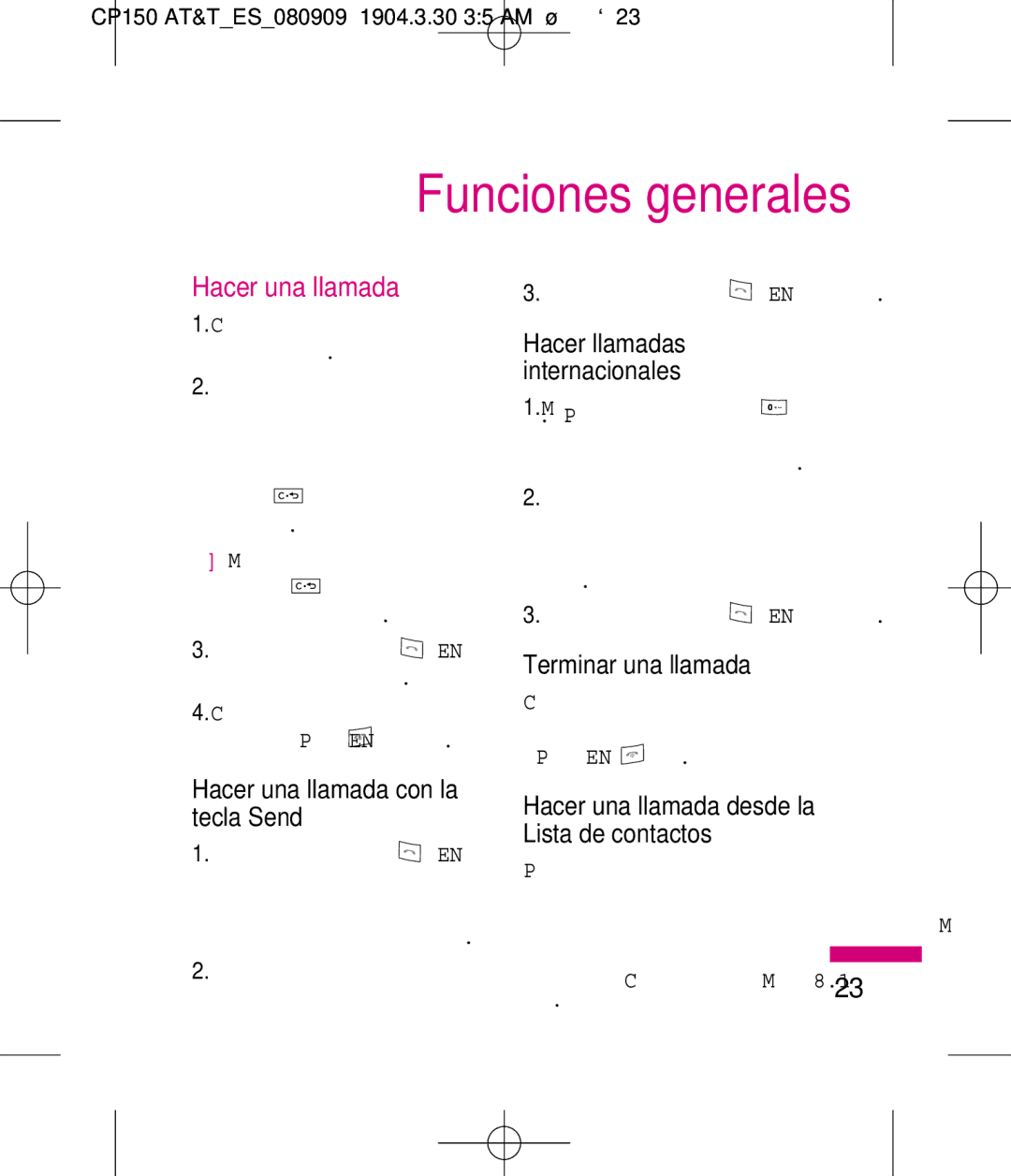 LG Electronics MMBB0292301 manual Funciones generales, Hacer una llamada, Terminar una llamada 