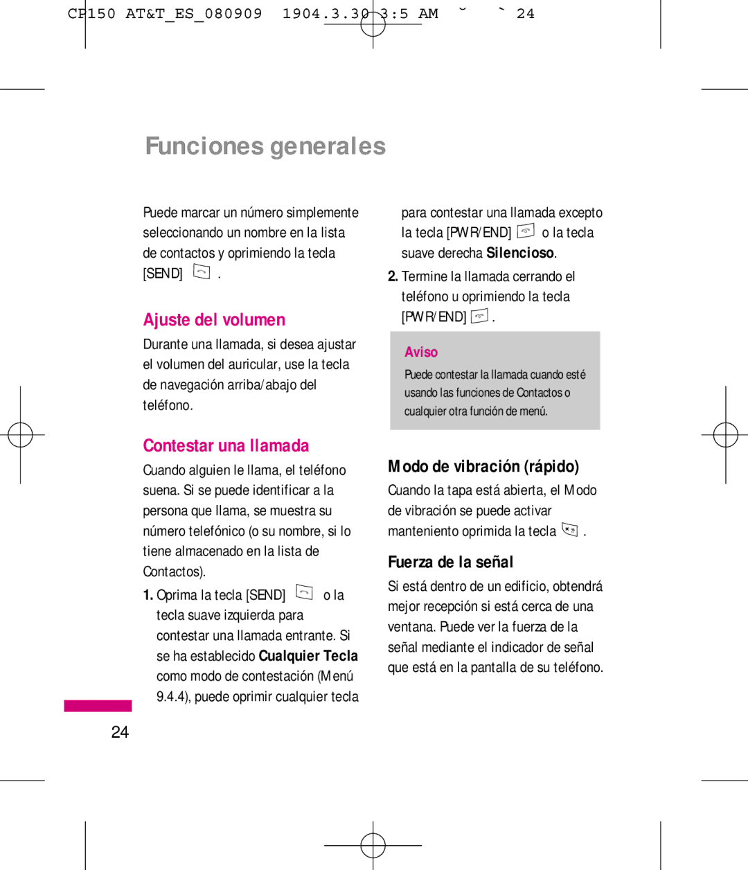 LG Electronics MMBB0292301 manual Funciones generales, Ajuste del volumen, Contestar una llamada, Modo de vibración rápido 