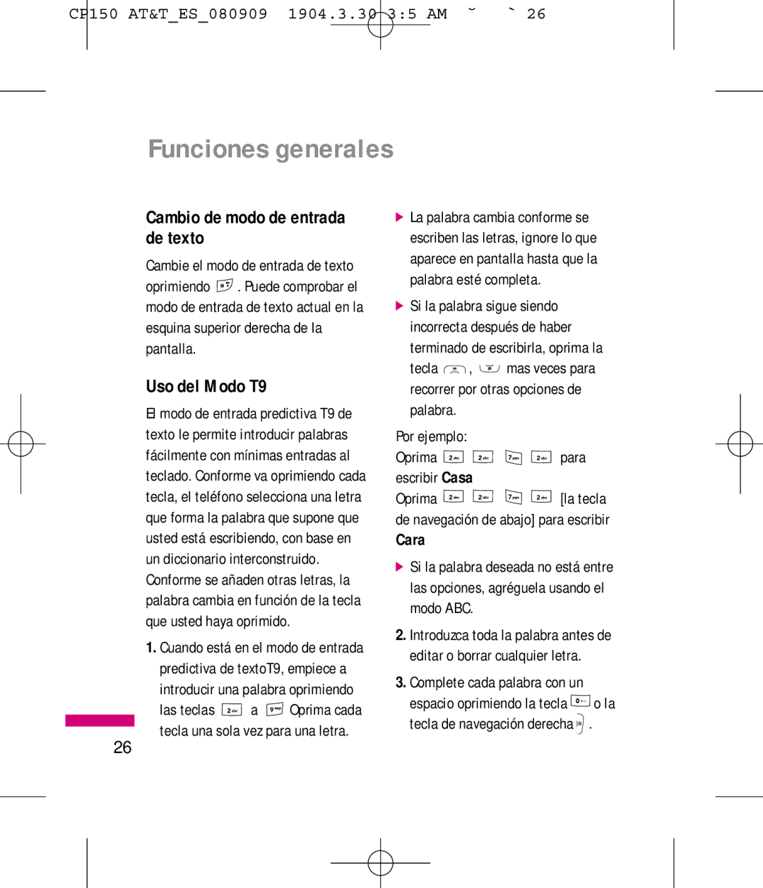 LG Electronics MMBB0292301 manual Cambio de modo de entrada de texto, Uso del Modo T9, Cara 