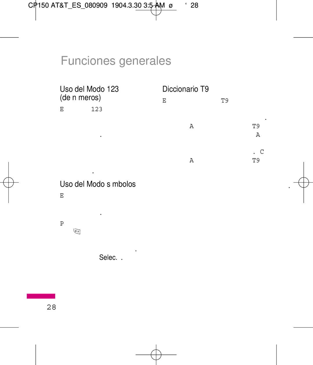 LG Electronics MMBB0292301 manual Uso del Modo símbolos, Diccionario T9, Uso del Modo 123 de números 