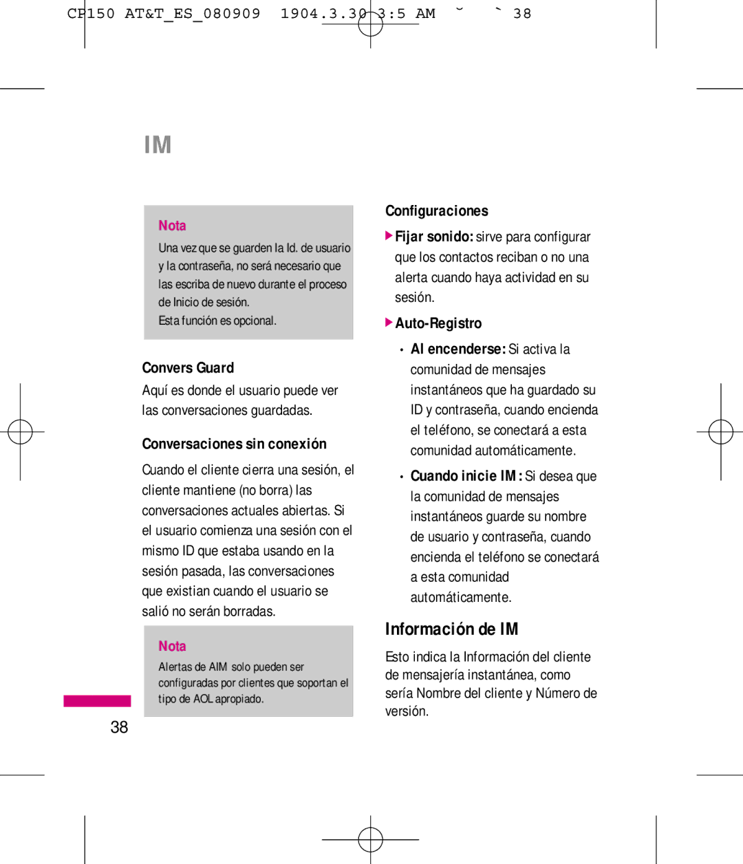 LG Electronics MMBB0292301 Información de IM, Convers Guard, Configuraciones, Auto-Registro, Conversaciones sin conexión 