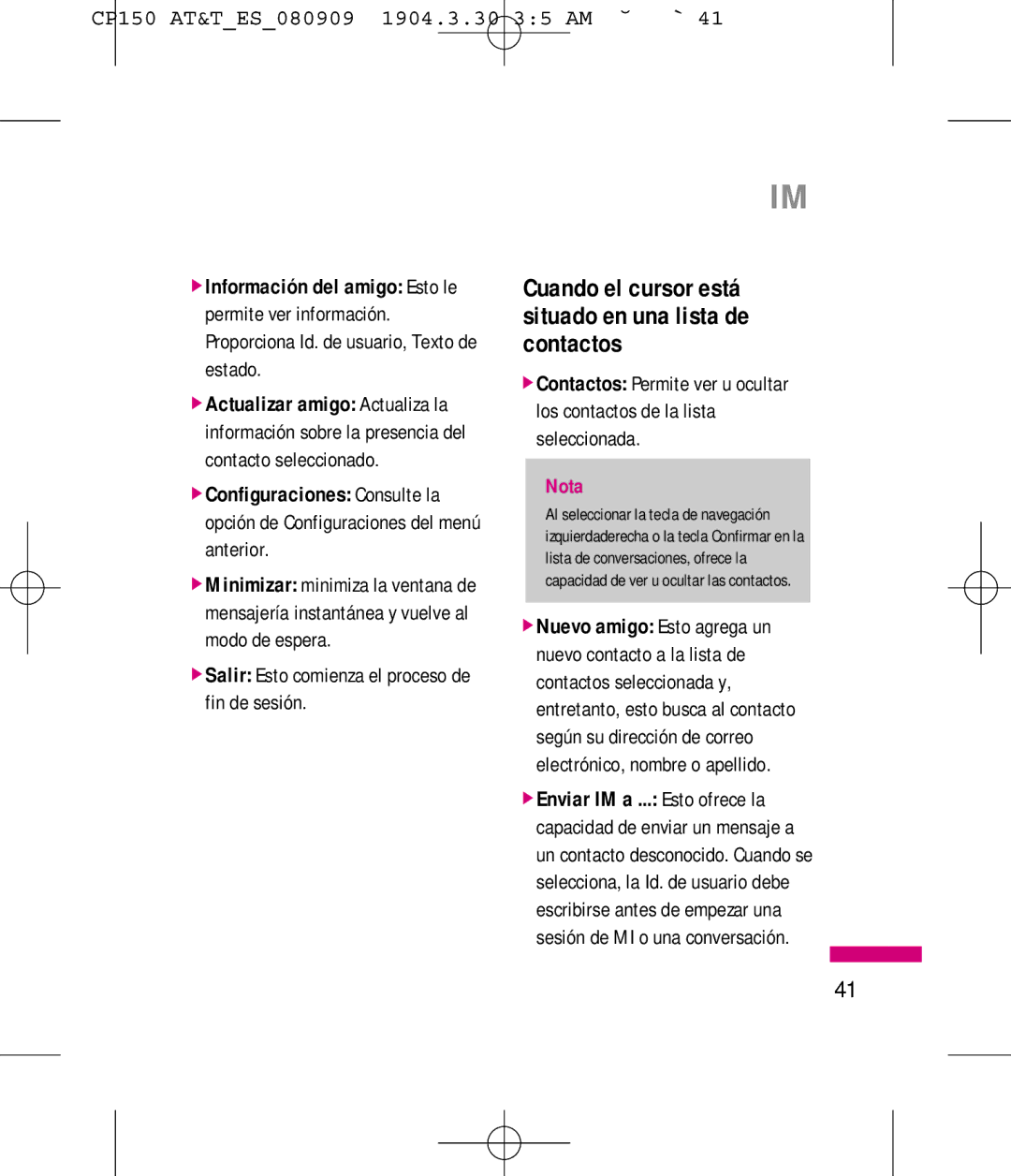 LG Electronics MMBB0292301 manual Cuando el cursor está situado en una lista de contactos 