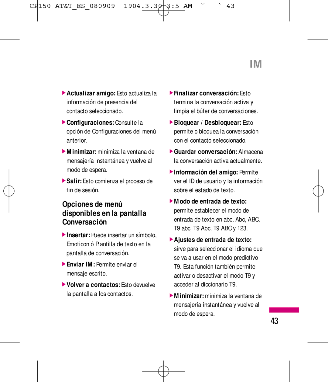 LG Electronics MMBB0292301 manual Opciones de menú disponibles en la pantalla Conversación 