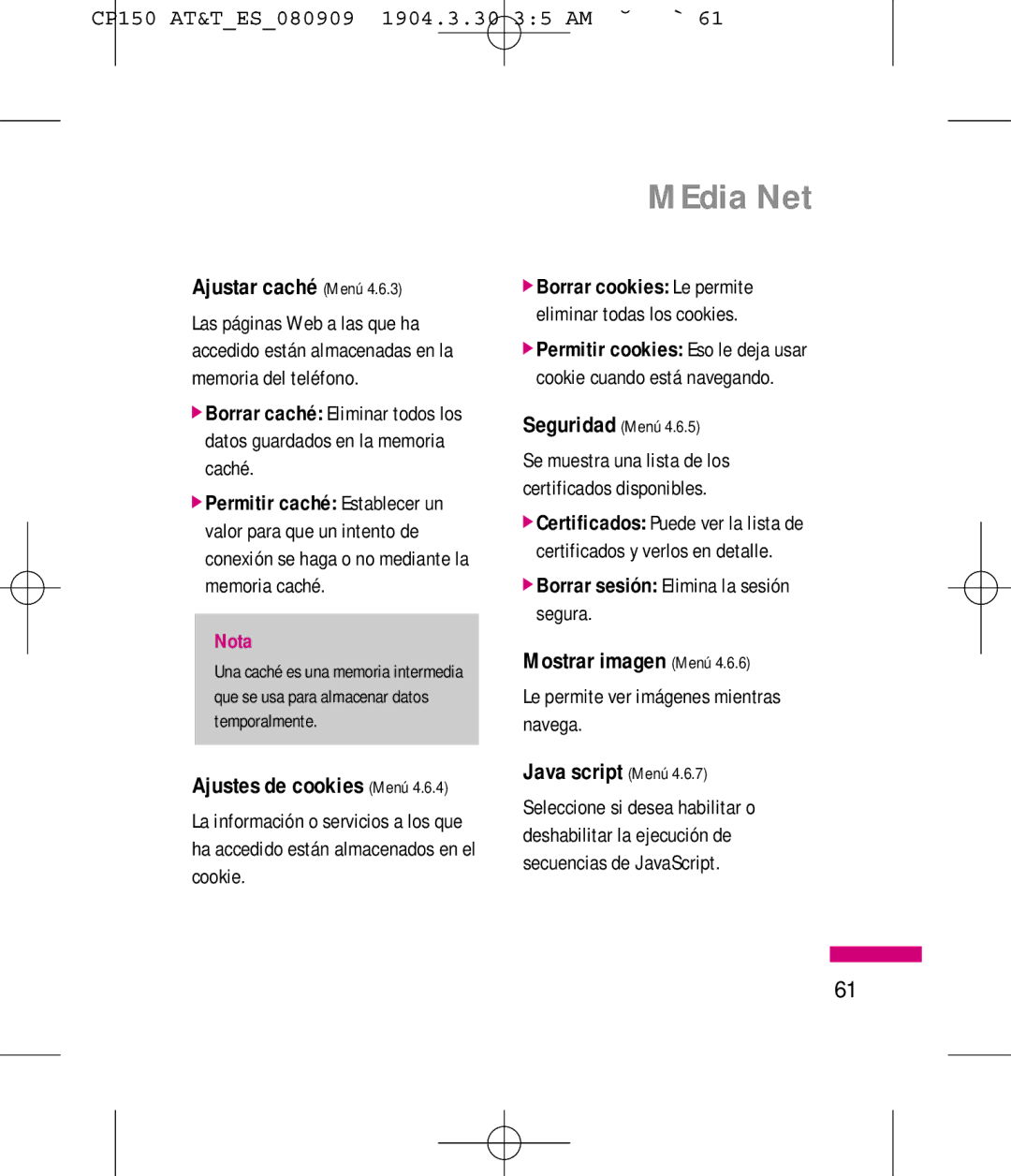 LG Electronics MMBB0292301 manual Ajustar caché Menú, Mostrar imagen Menú, Java script Menú, Ajustes de cookies Menú 