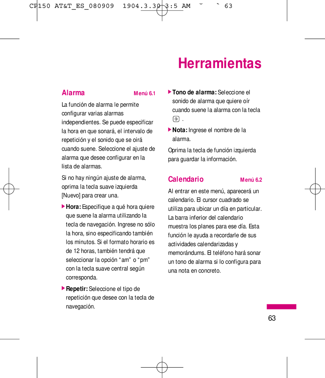 LG Electronics MMBB0292301 manual Alarma, Calendario, Nota Ingrese el nombre de la alarma 