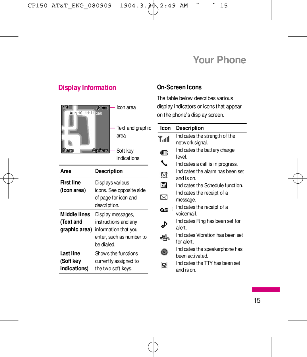 LG Electronics MMBB0292301 manual Display Information, On-Screen Icons, Area Description First line Displays various 