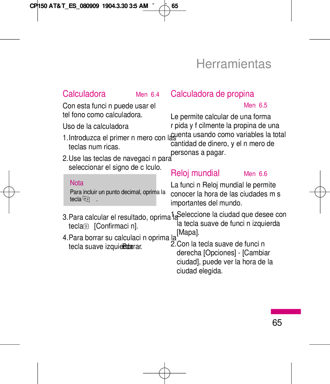 LG Electronics MMBB0292301 manual Calculadora de propina, Reloj mundial, Uso de la calculadora, Tecla 