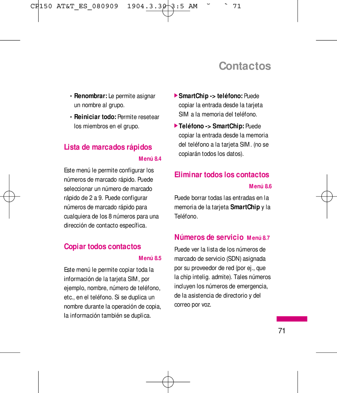 LG Electronics MMBB0292301 manual Contactos, Copiar todos contactos, Eliminar todos los contactos, Números de servicio Menú 