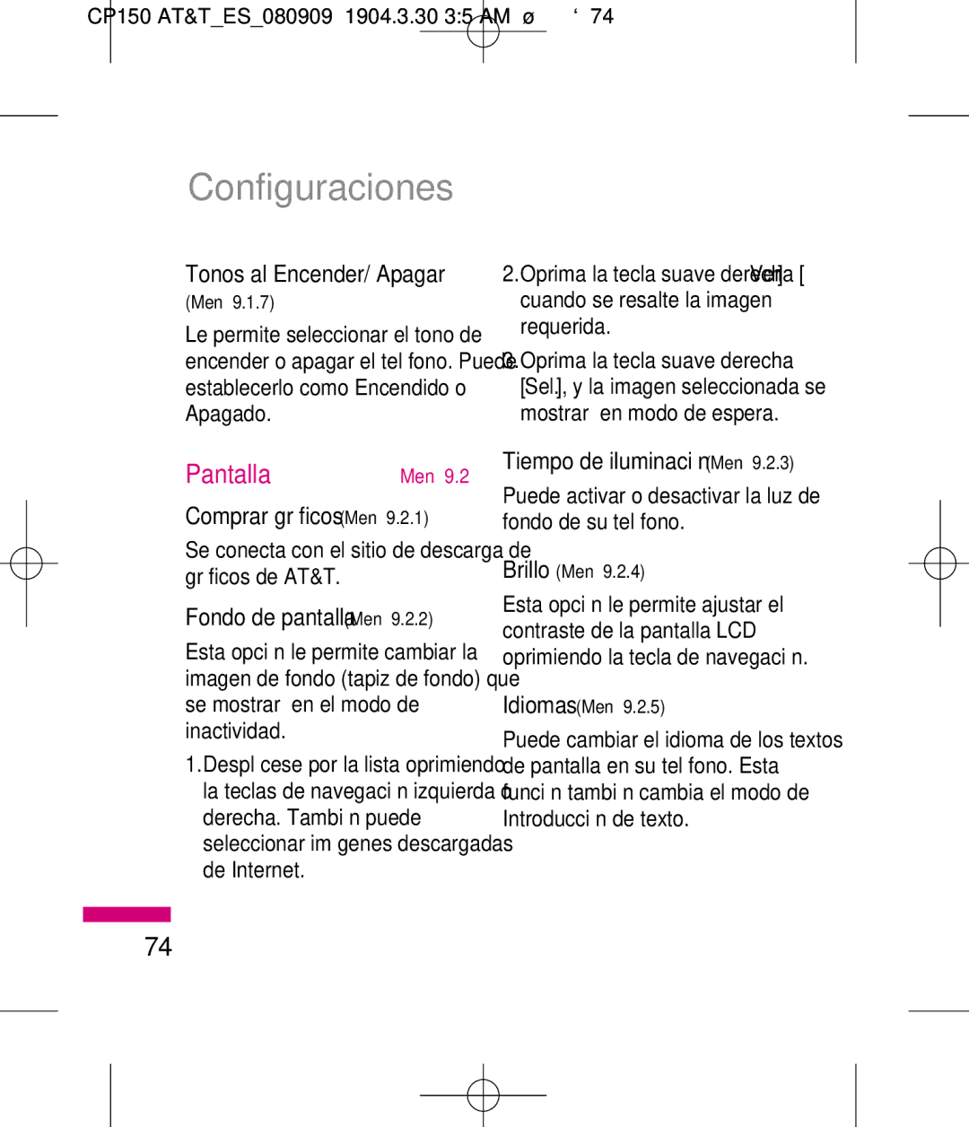 LG Electronics MMBB0292301 manual Configuraciones, Pantalla 