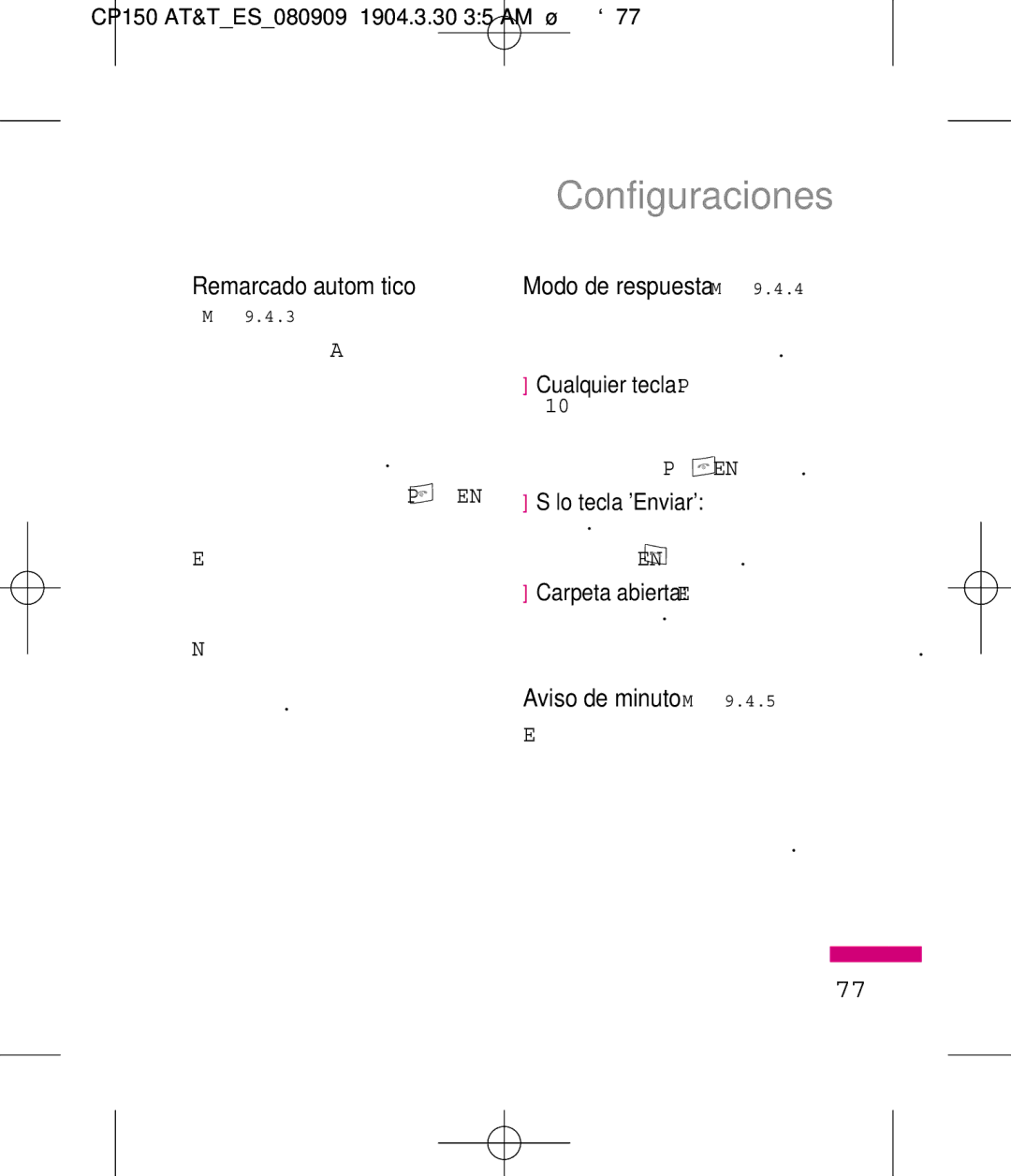 LG Electronics MMBB0292301 manual Remarcado automático, Modo de respuesta Menú, Aviso de minuto Menú 