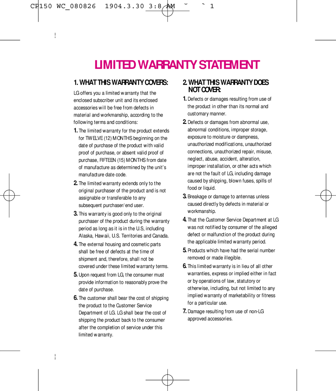 LG Electronics MMBB0292301 manual Limited Warranty Statement 