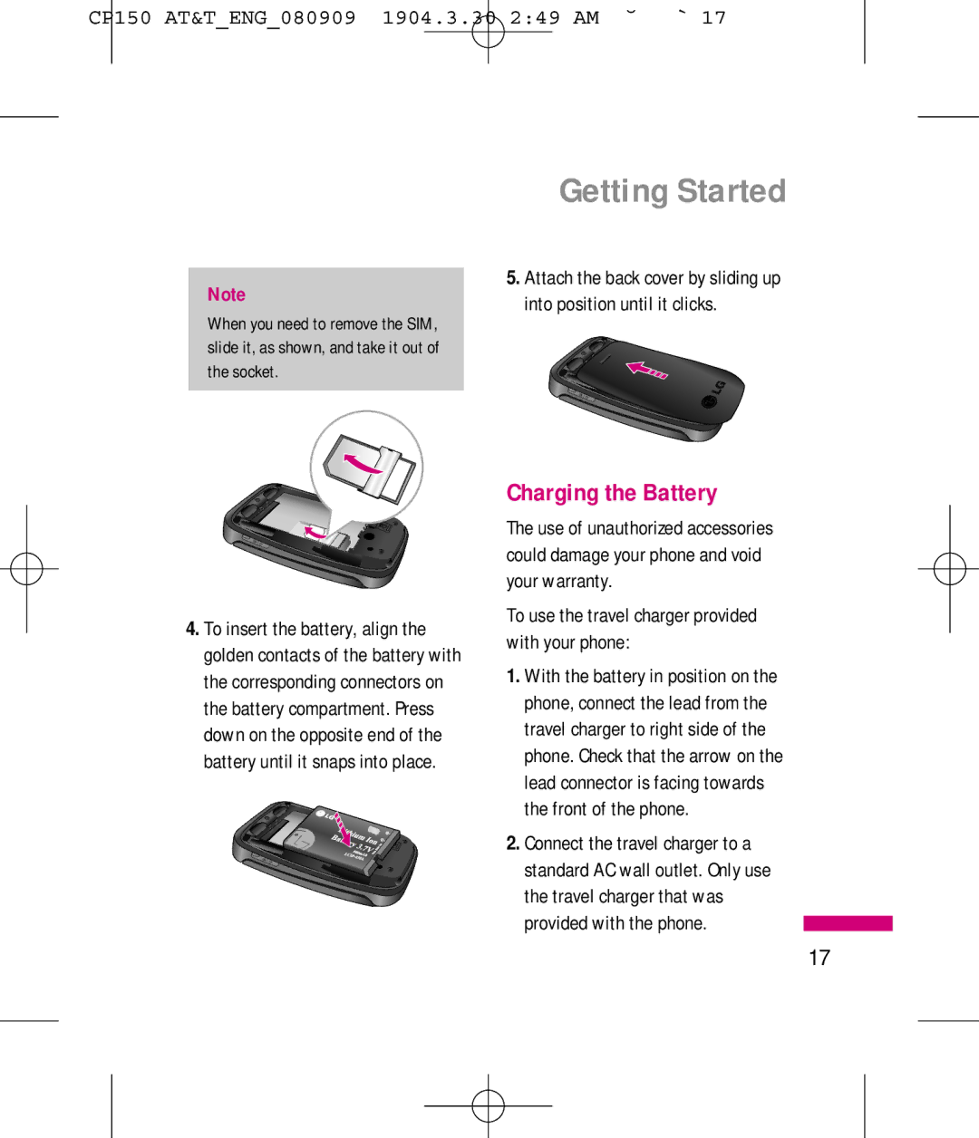 LG Electronics MMBB0292301 manual Getting Started, Charging the Battery, To use the travel charger provided with your phone 