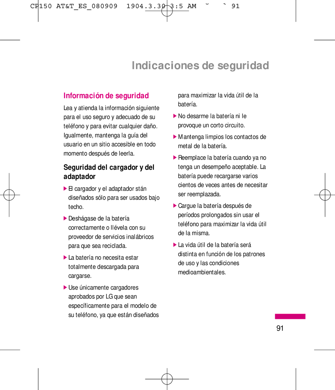 LG Electronics MMBB0292301 manual Información de seguridad, Seguridad del cargador y del adaptador 