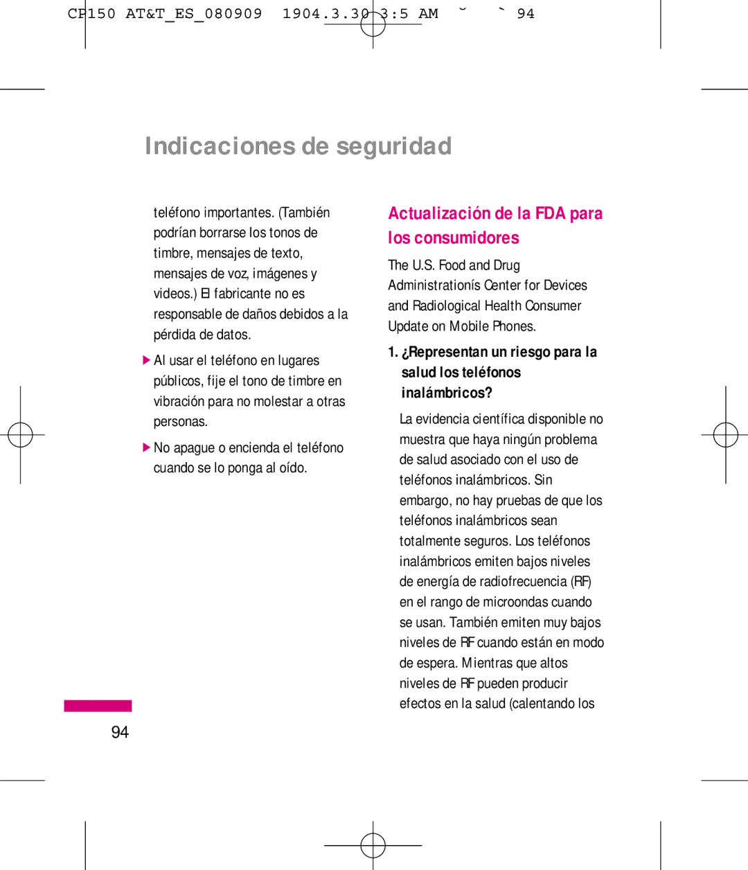 LG Electronics MMBB0292301 manual Actualización de la FDA para los consumidores 