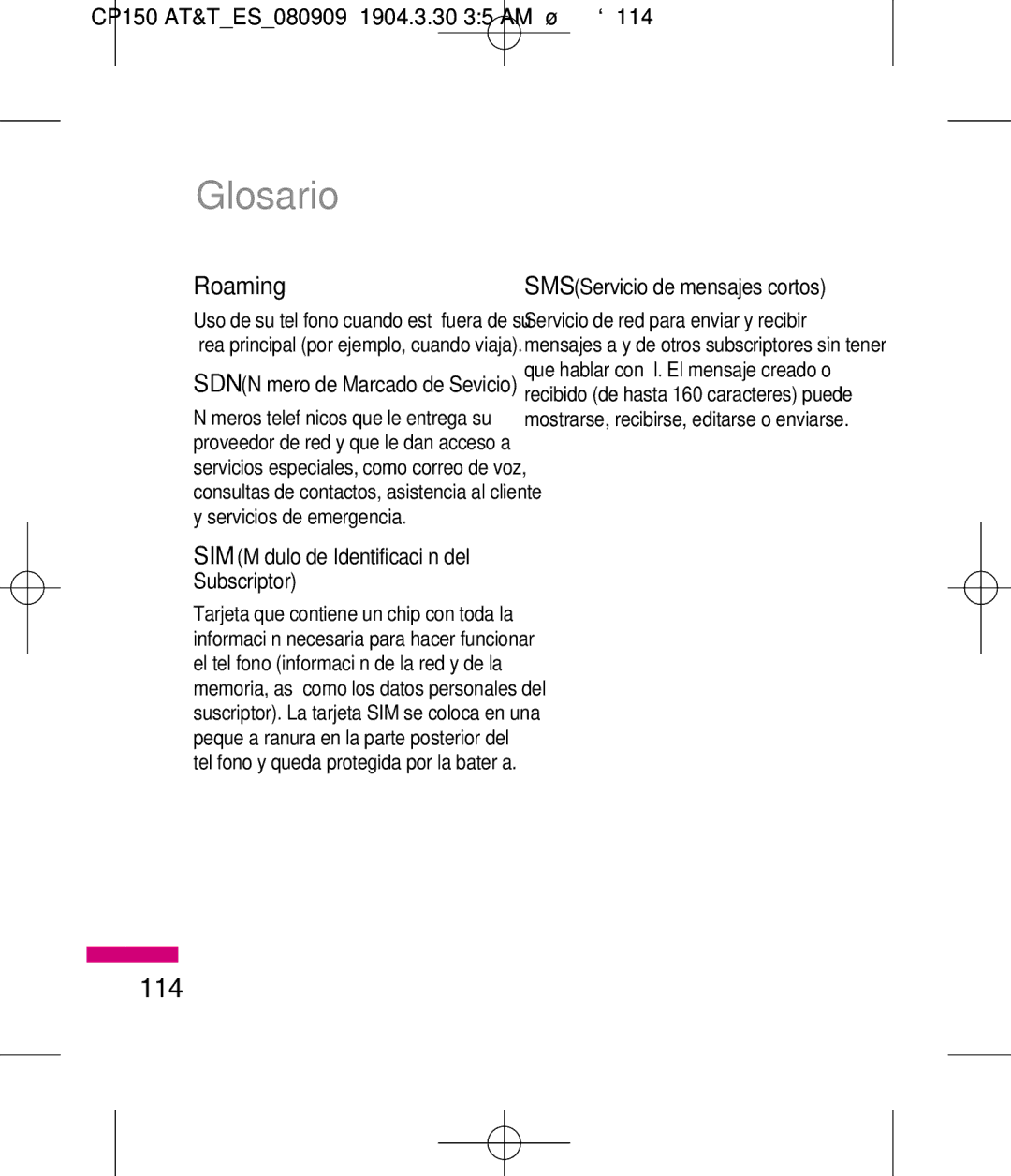 LG Electronics MMBB0292301 manual Glosario, SMS Servicio de mensajes cortos 