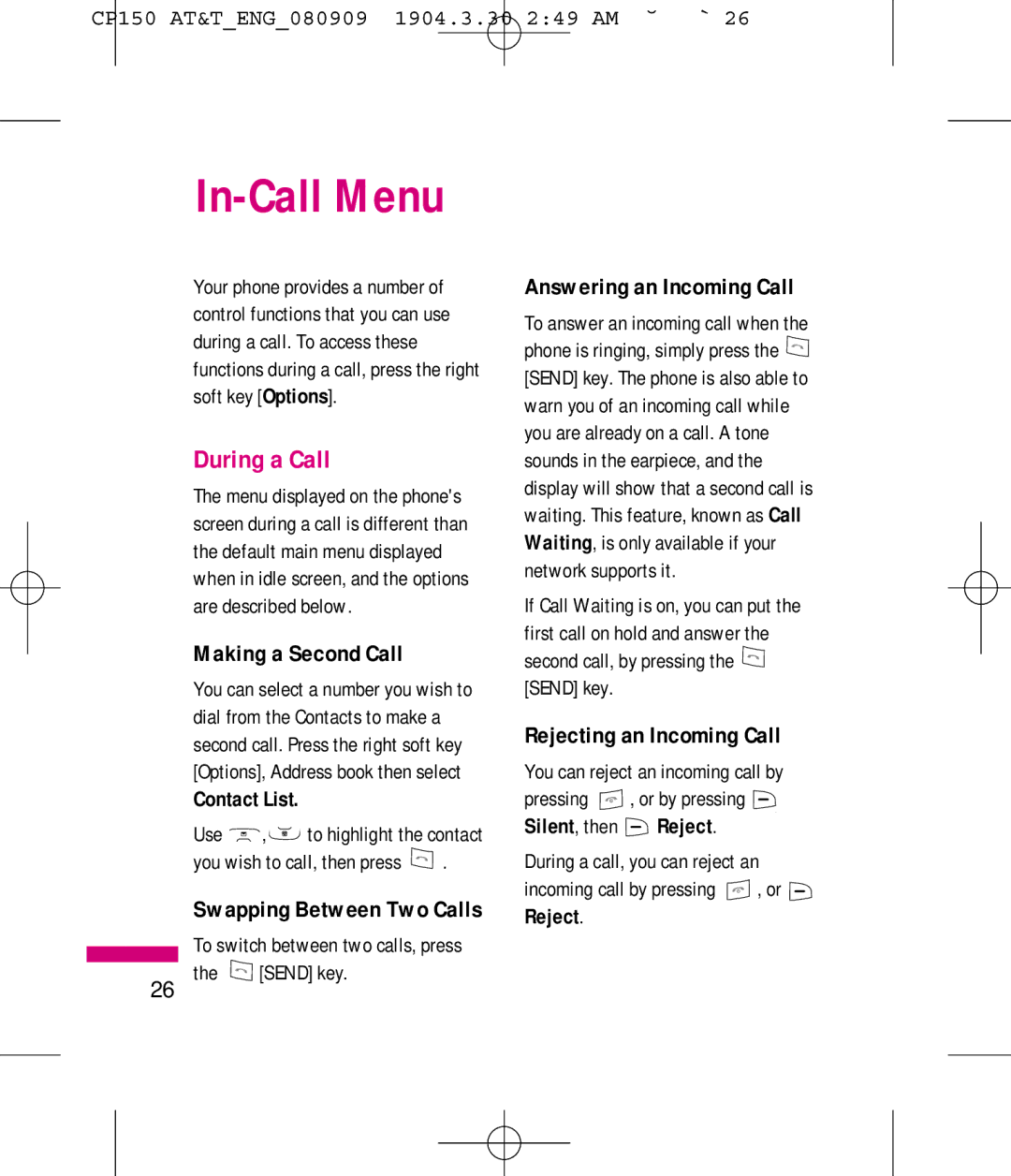 LG Electronics MMBB0292301 manual In-Call Menu, During a Call, Making a Second Call, Answering an Incoming Call 