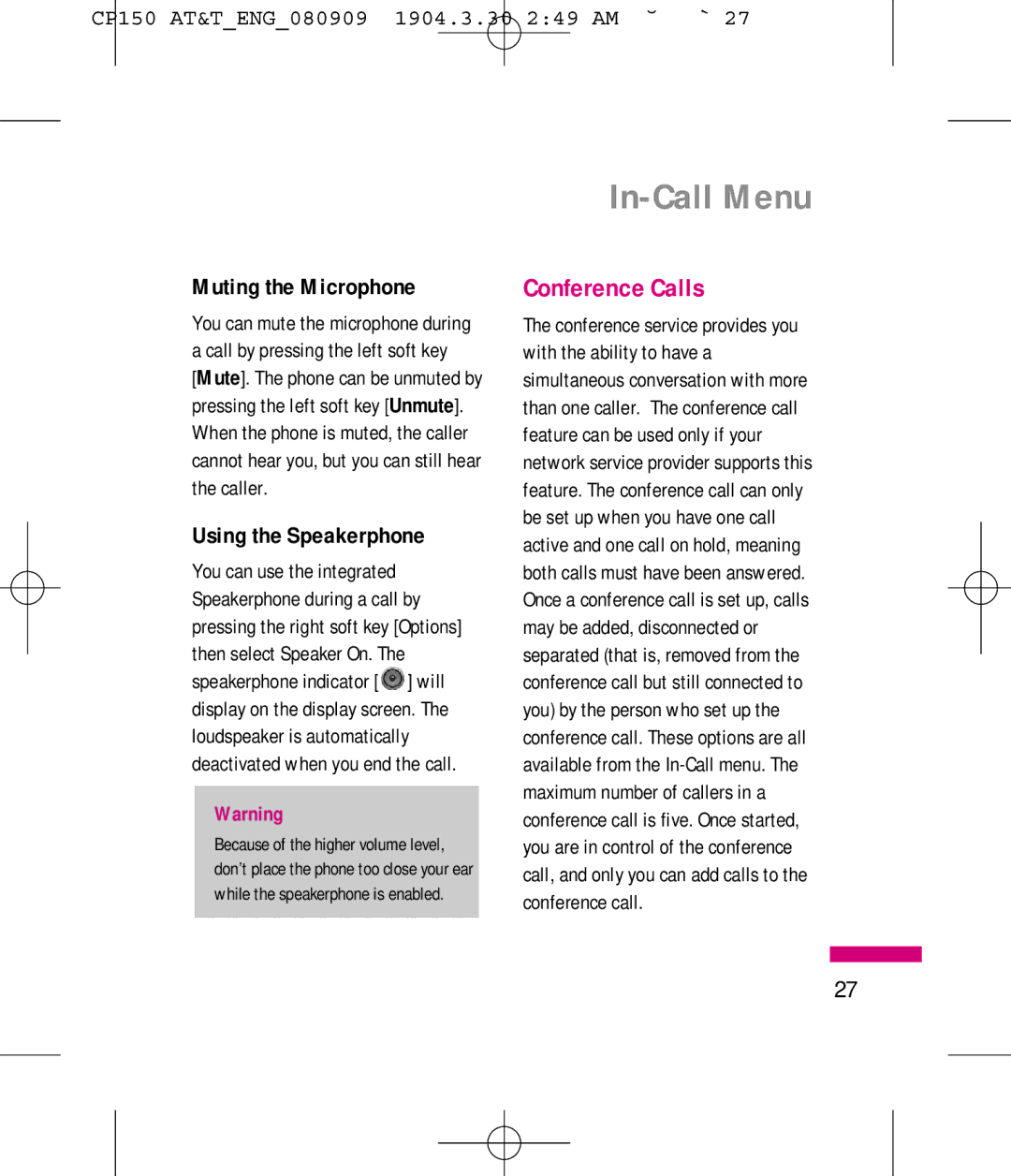 LG Electronics MMBB0292301 manual In-Call Menu, Conference Calls, Muting the Microphone, Using the Speakerphone 