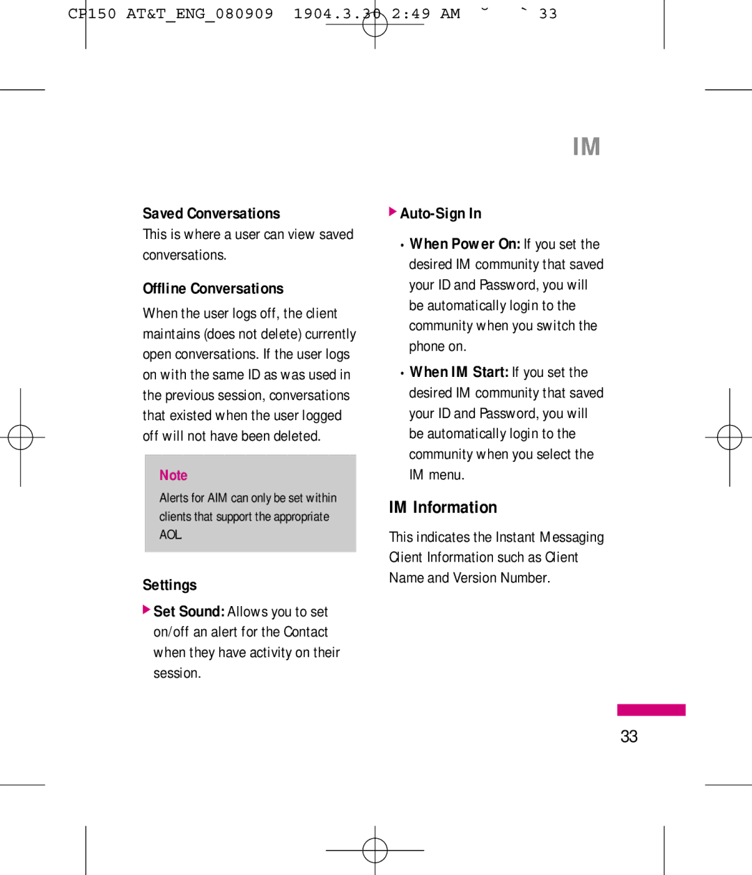 LG Electronics MMBB0292301 manual IM Information, Saved Conversations, Offline Conversations, Settings, Auto-Sign 