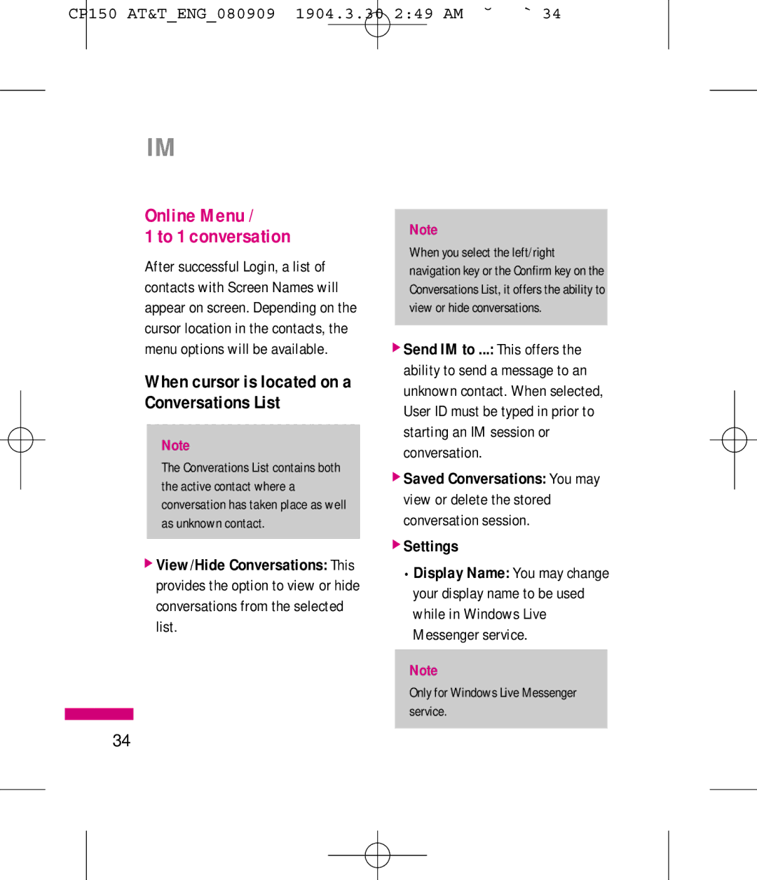 LG Electronics MMBB0292301 manual Online Menu To 1 conversation, When cursor is located on a Conversations List 