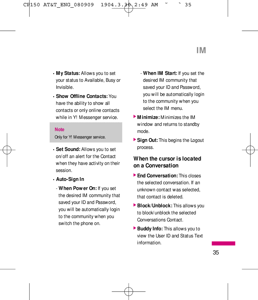 LG Electronics MMBB0292301 manual When the cursor is located on a Conversation 