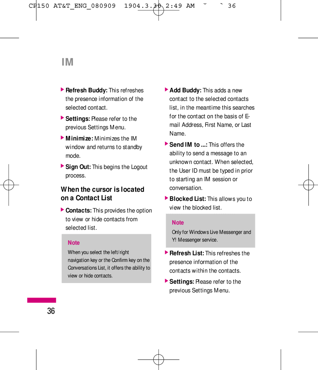 LG Electronics MMBB0292301 manual When the cursor is located on a Contact List 