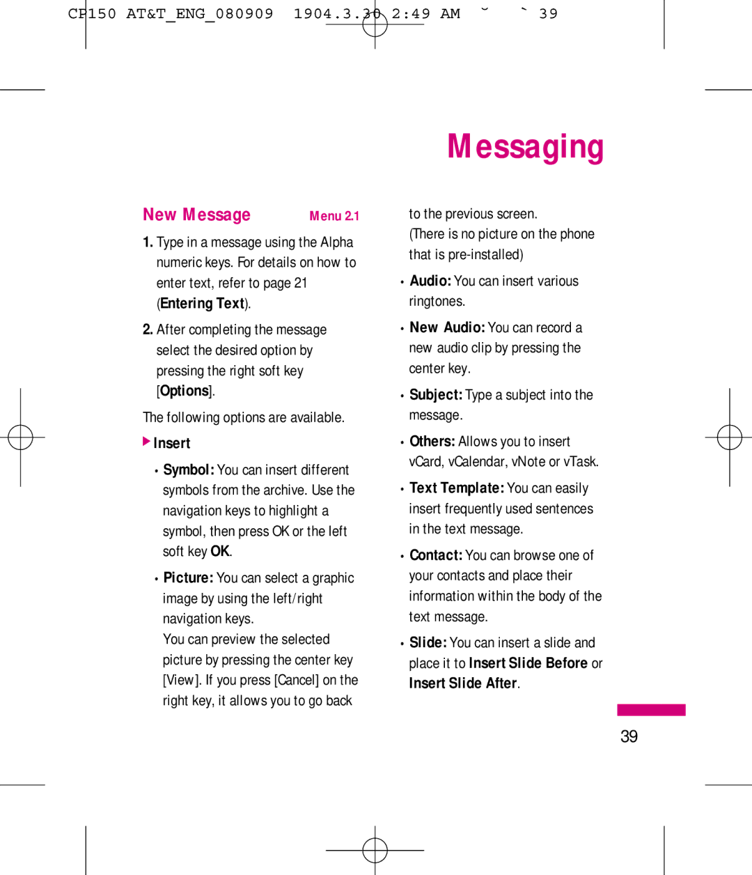 LG Electronics MMBB0292301 manual Messaging, New Message, Insert 