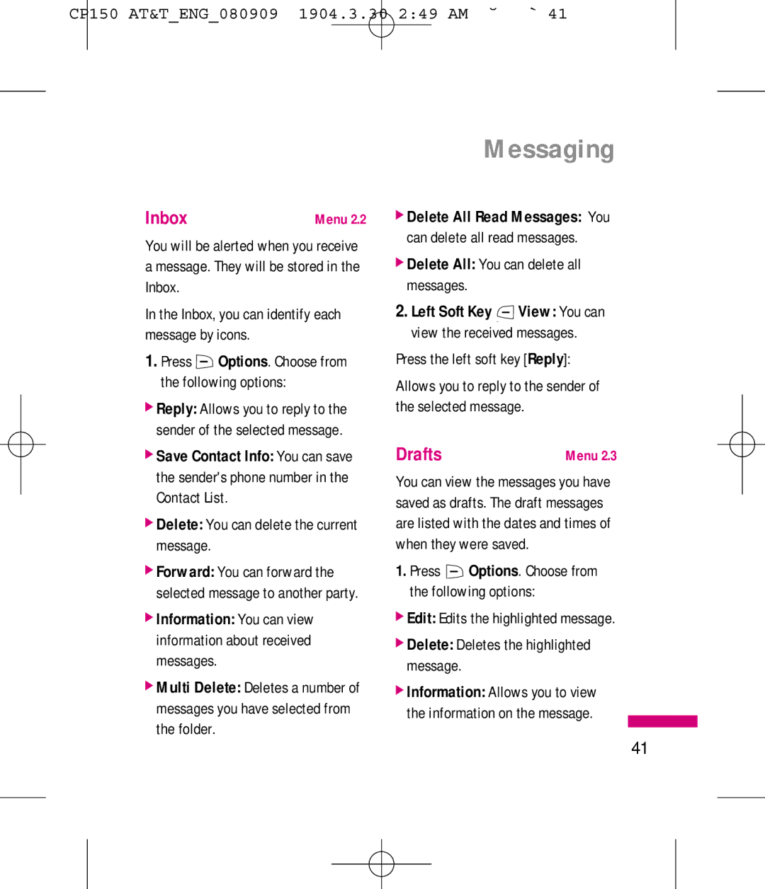 LG Electronics MMBB0292301 manual Inbox, Drafts, Delete All You can delete all messages, Press the left soft key Reply 