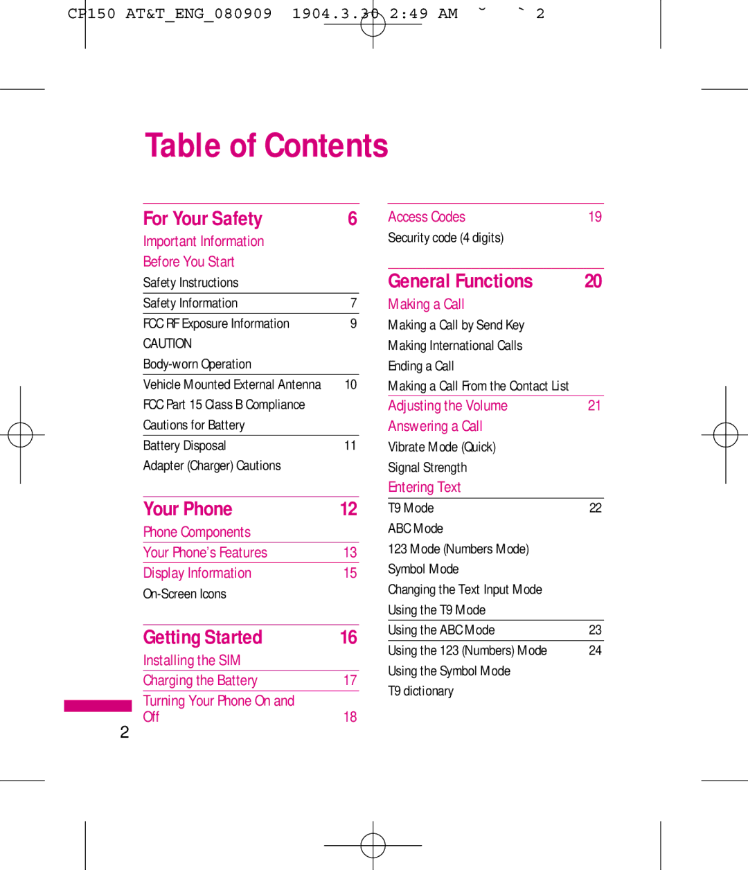 LG Electronics MMBB0292301 manual Table of Contents 