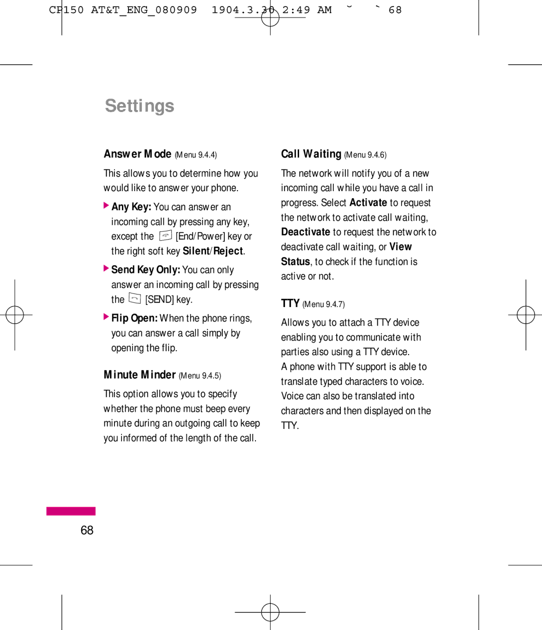 LG Electronics MMBB0292301 manual Answer Mode Menu, Minute Minder Menu 