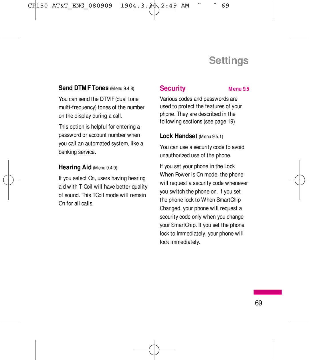 LG Electronics MMBB0292301 manual Security, Send Dtmf Tones Menu, Hearing Aid Menu, Lock Handset Menu 