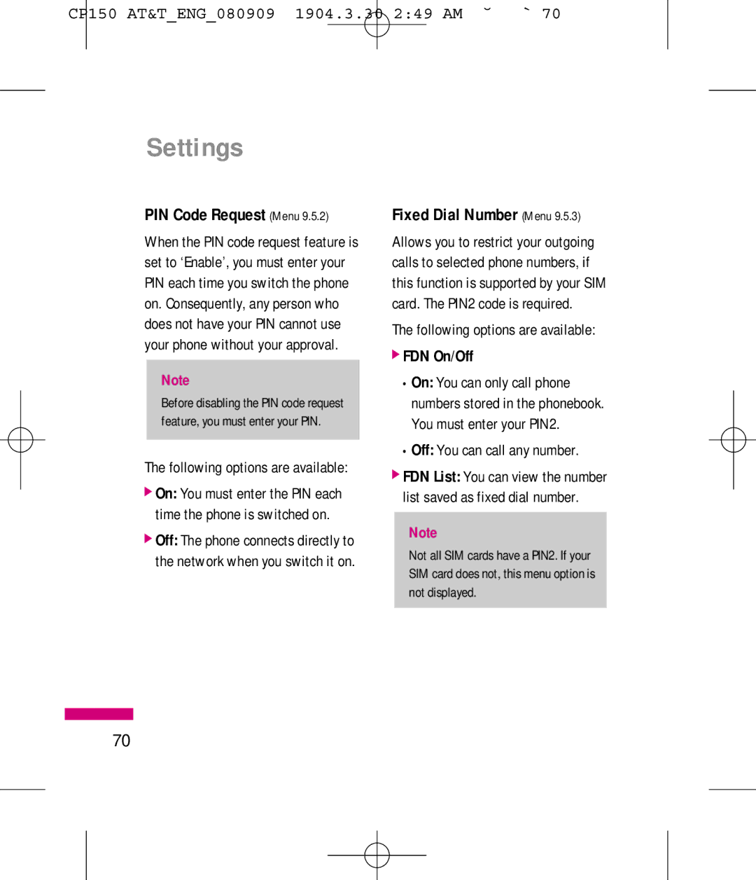 LG Electronics MMBB0292301 PIN Code Request Menu, Fixed Dial Number Menu, Following options are available, FDN On/Off 