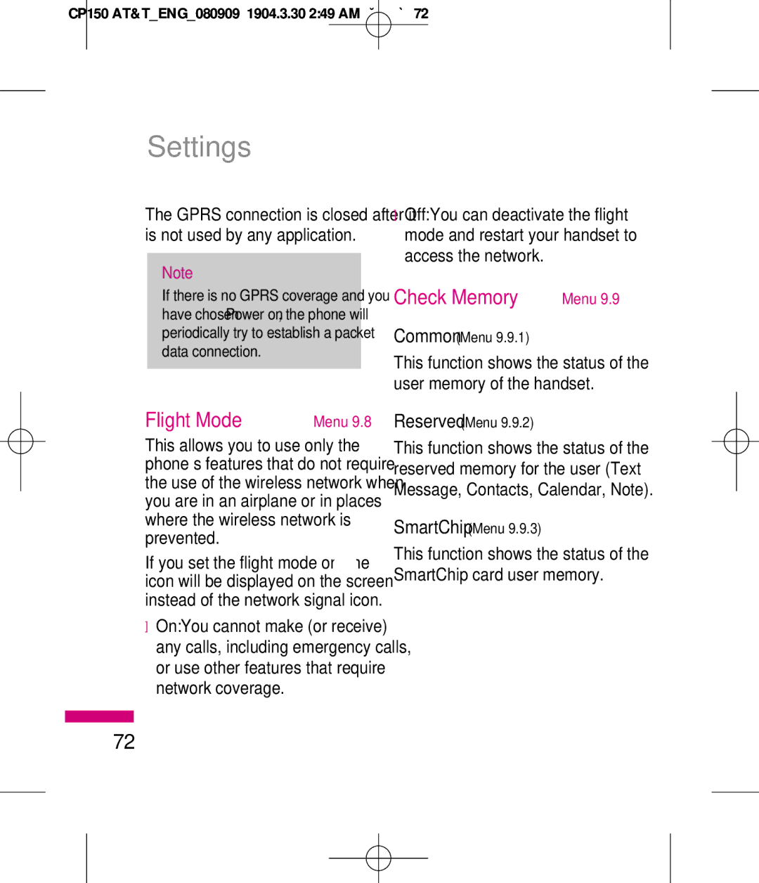 LG Electronics MMBB0292301 manual Flight Mode, Check Memory, SmartChip Menu 