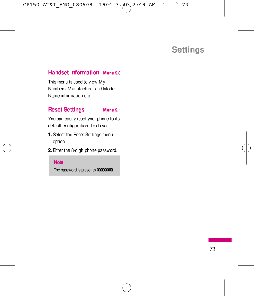 LG Electronics MMBB0292301 manual Handset Information Menu, Reset Settings 