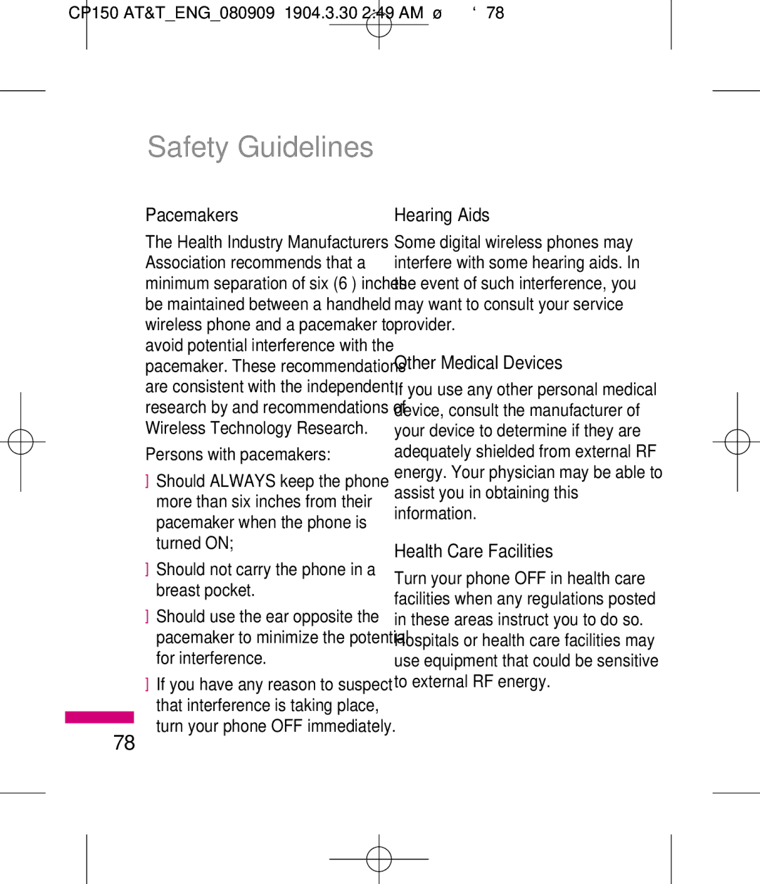 LG Electronics MMBB0292301 manual Pacemakers, Hearing Aids, Other Medical Devices, Health Care Facilities 