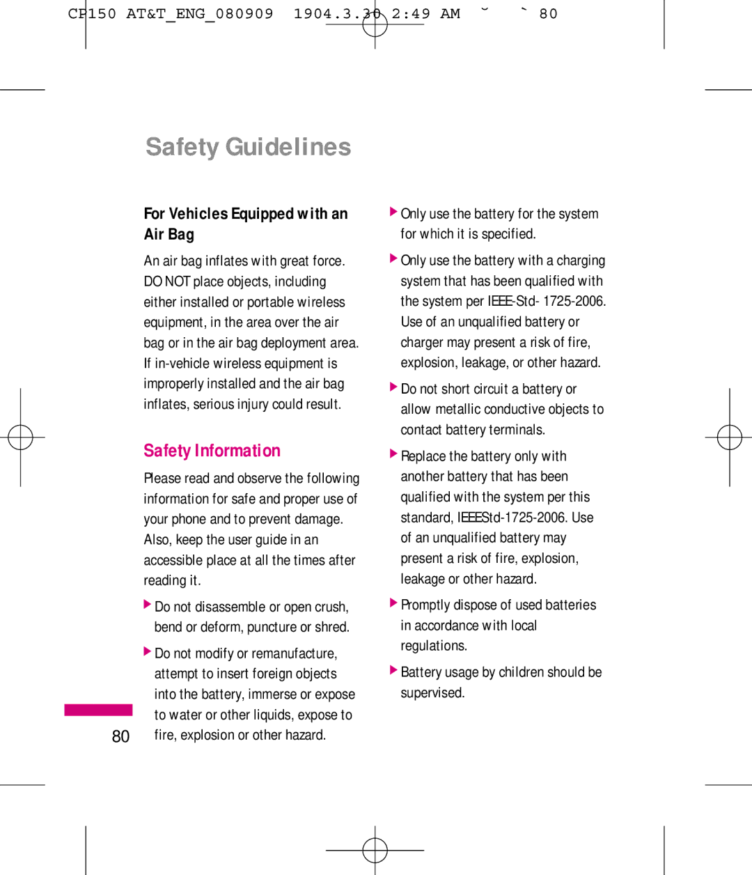 LG Electronics MMBB0292301 Safety Information, Air Bag, Fire, explosion or other hazard, For Vehicles Equipped with an 