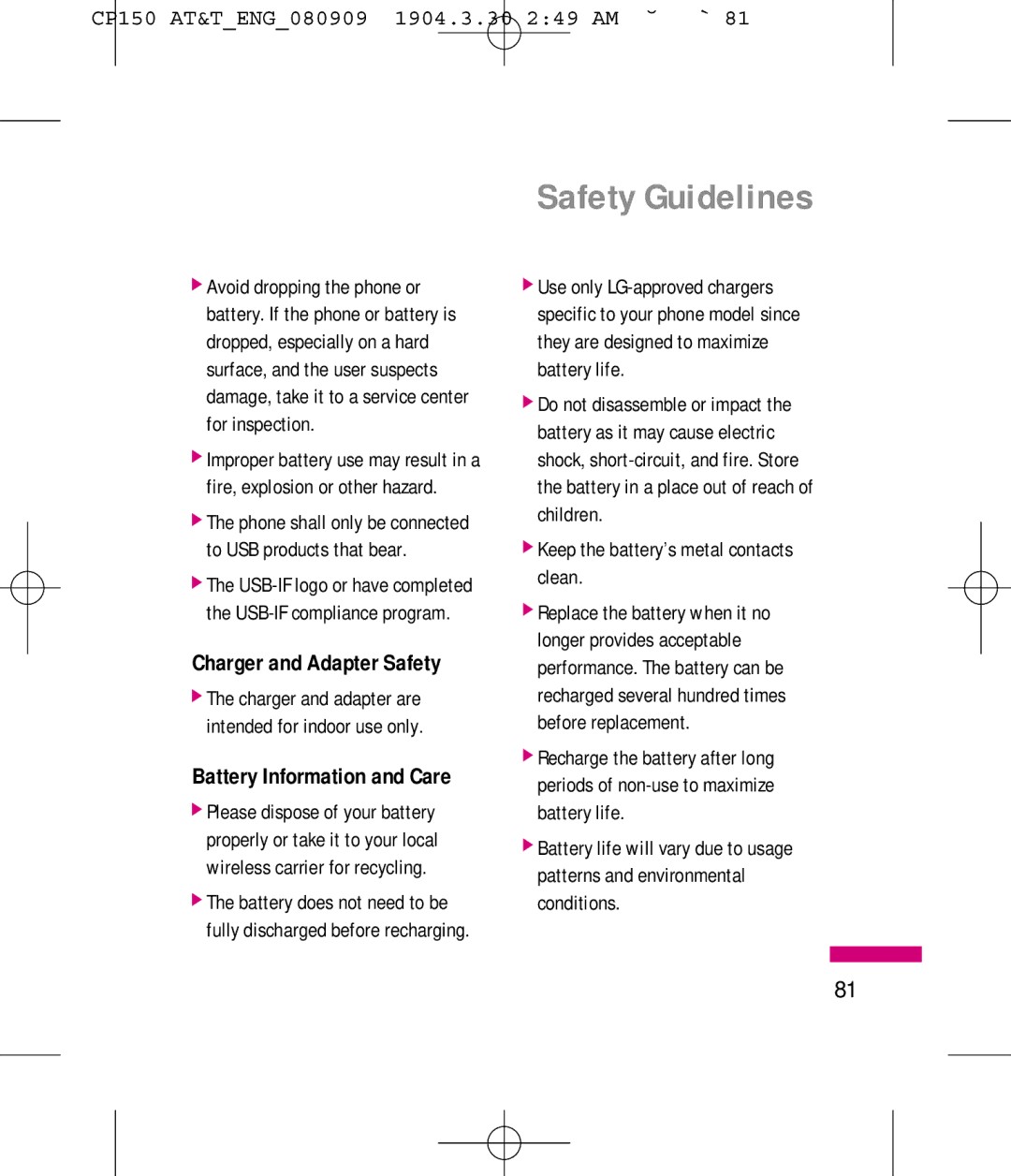 LG Electronics MMBB0292301 manual Charger and Adapter Safety, Battery Information and Care 