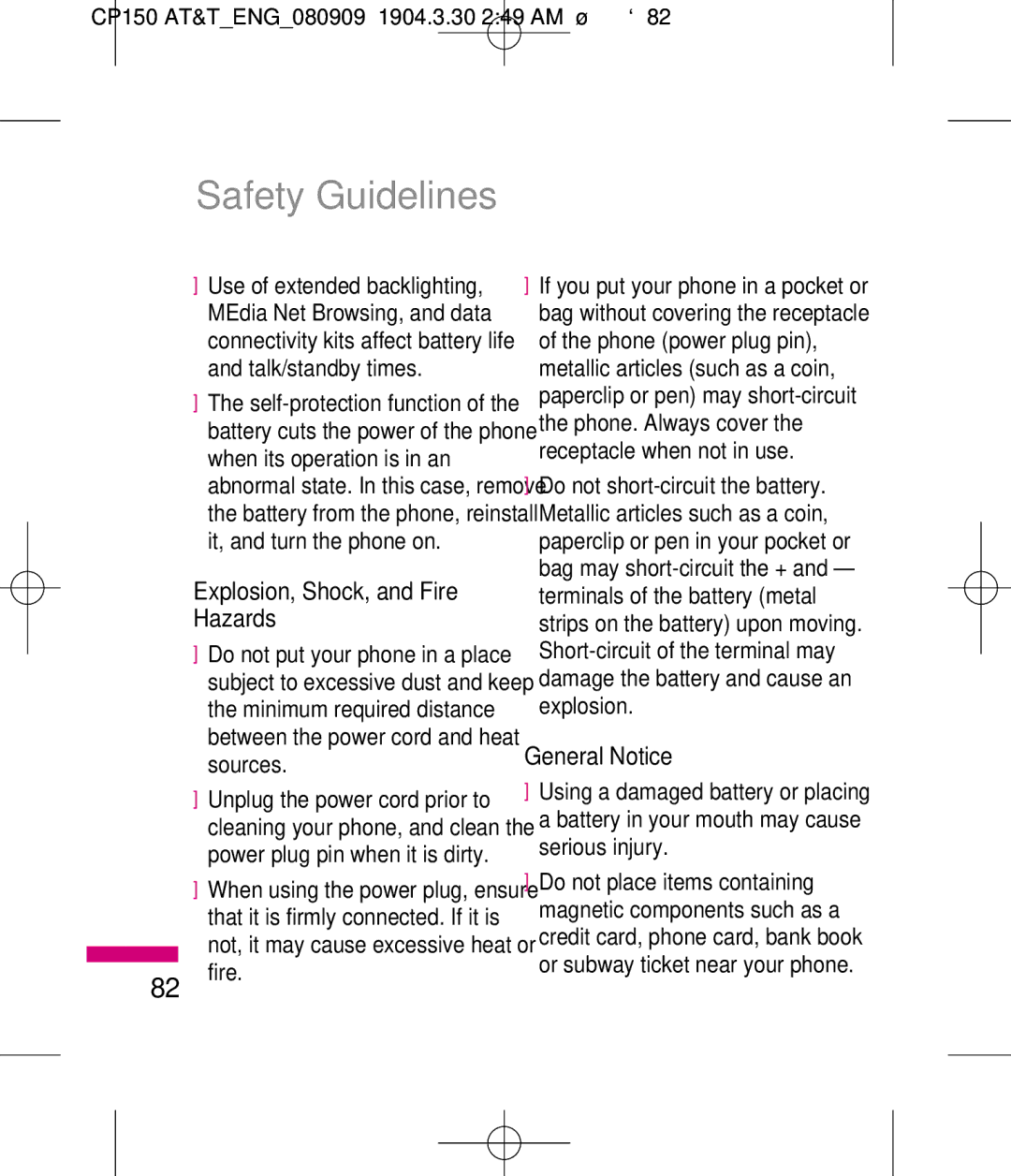 LG Electronics MMBB0292301 manual Explosion, Shock, and Fire Hazards, General Notice 