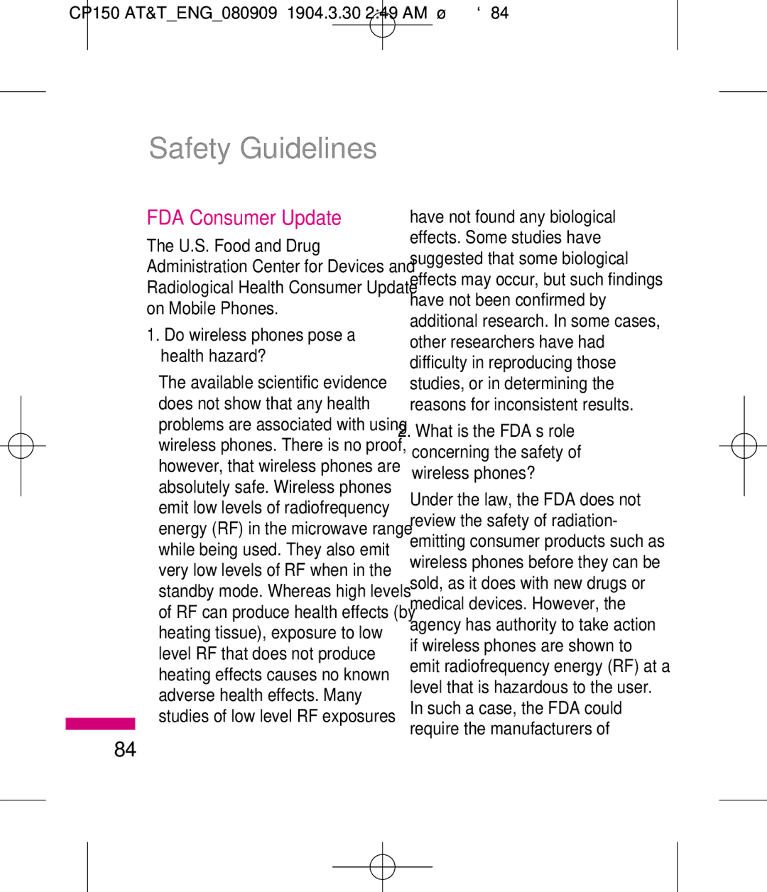 LG Electronics MMBB0292301 manual FDA Consumer Update, Do wireless phones pose a health hazard? 