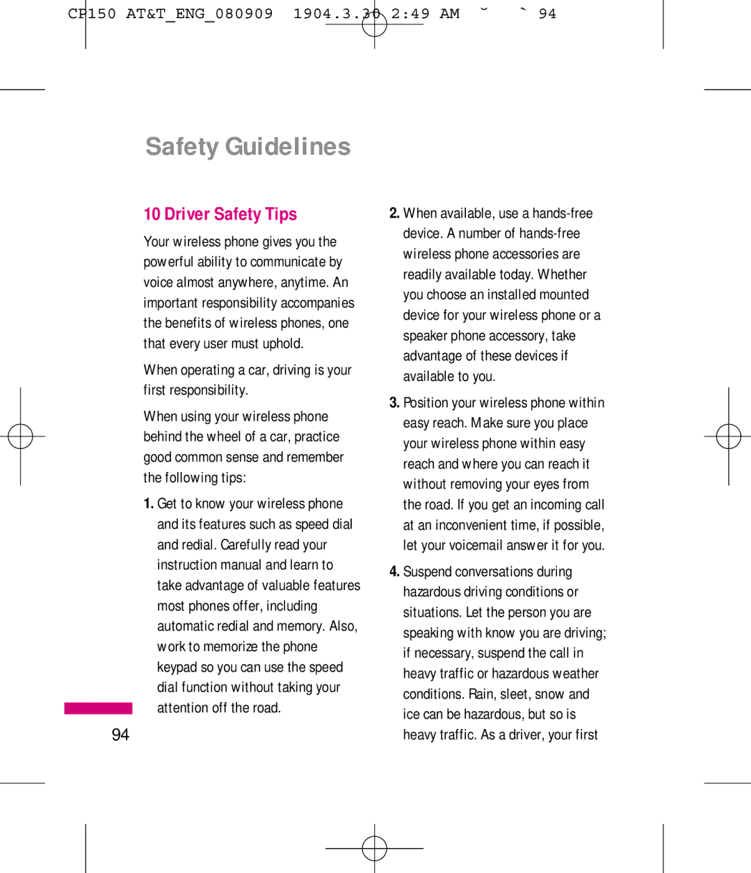 LG Electronics MMBB0292301 manual Driver Safety Tips, When operating a car, driving is your first responsibility 