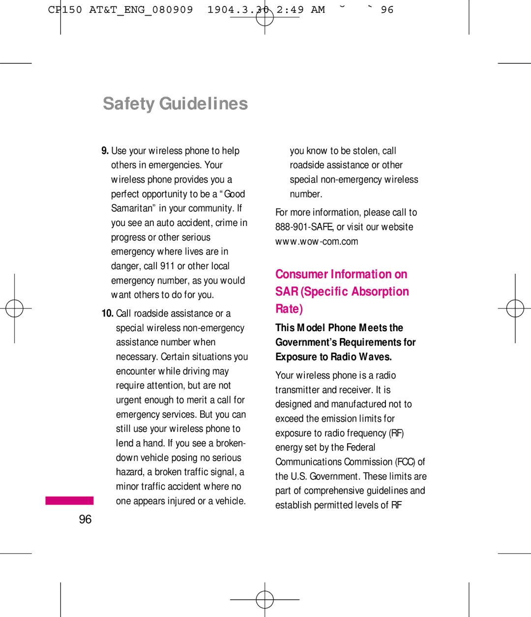 LG Electronics MMBB0292301 manual Consumer Information on SAR Specific Absorption Rate 