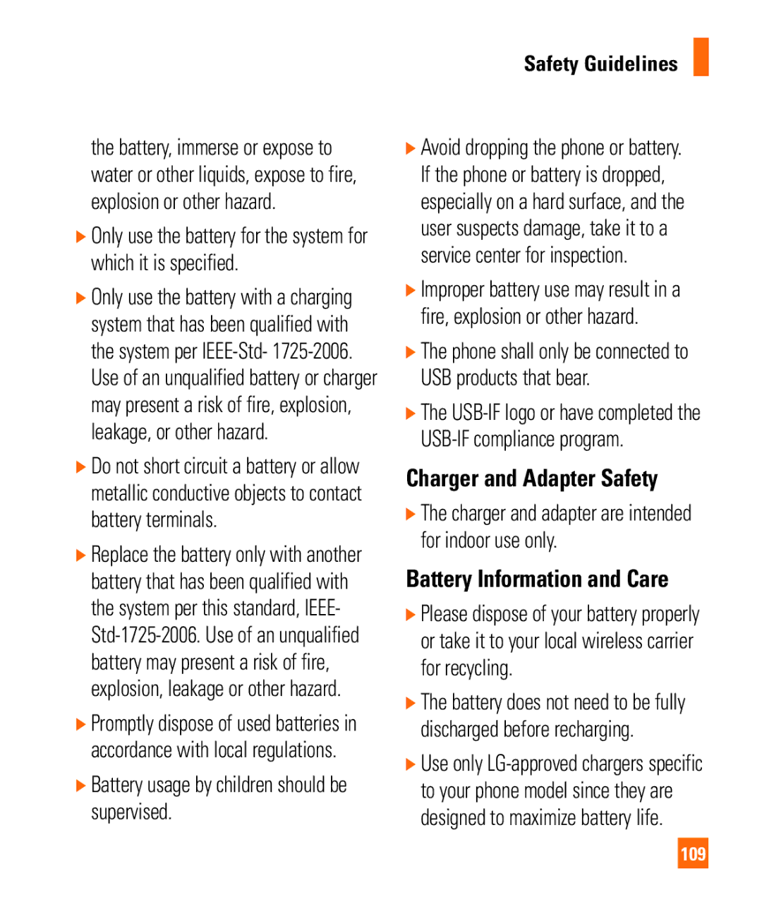 LG Electronics MMBB0294601 manual Charger and Adapter Safety, Battery Information and Care 