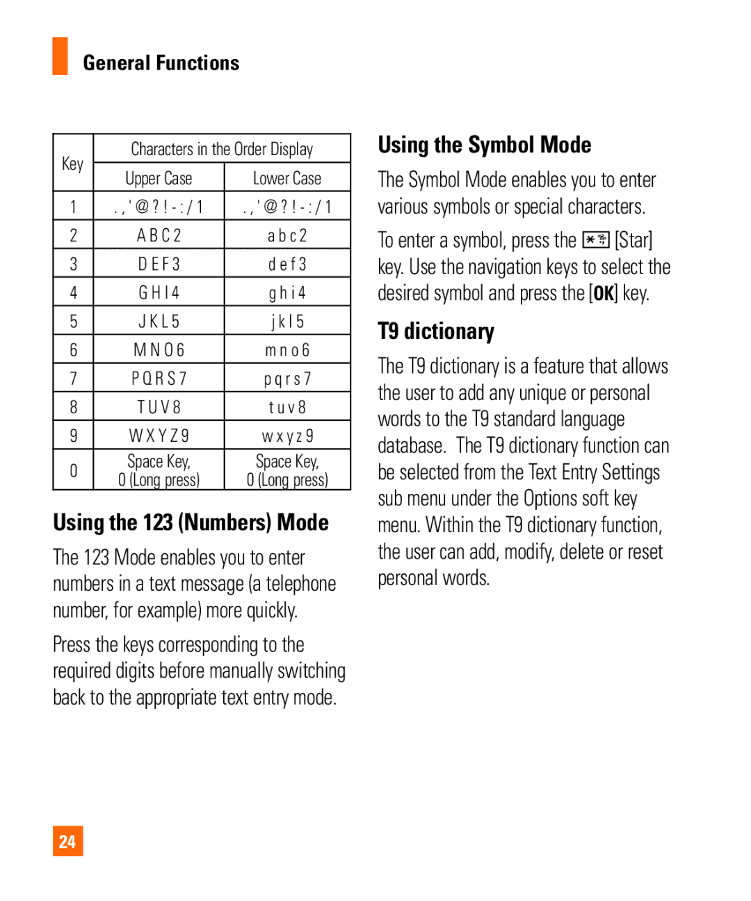 LG Electronics MMBB0294601 manual Using the Symbol Mode, T9 dictionary, Using the 123 Numbers Mode 