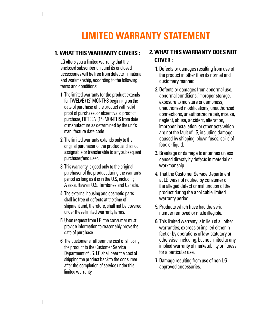 LG Electronics MMBB0294601 manual Limited Warranty Statement 