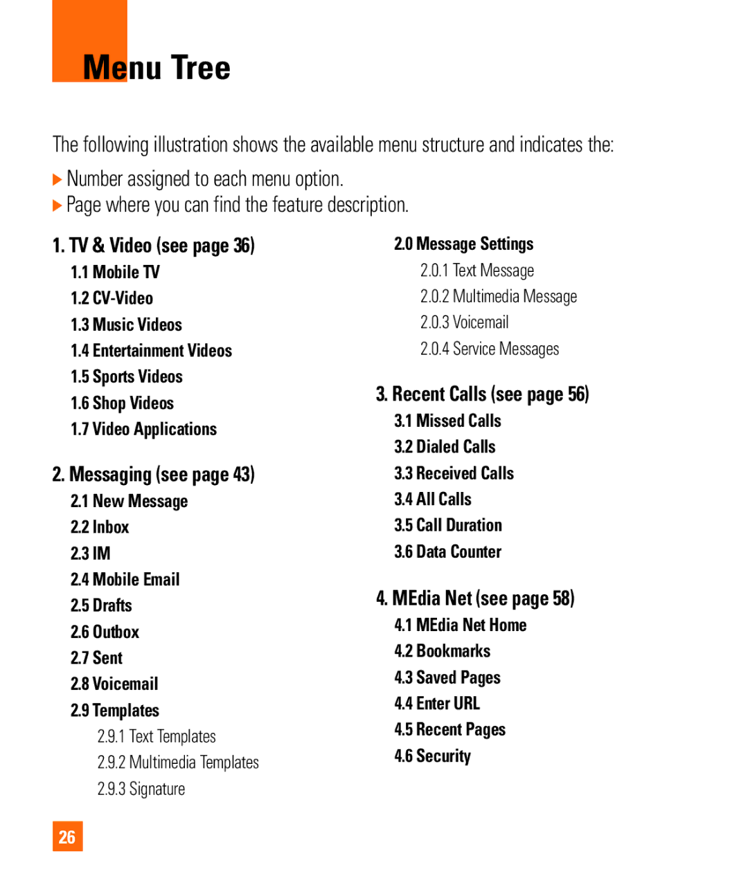 LG Electronics MMBB0294601 manual Menu Tree, TV & Video see, Messaging see, Recent Calls see, MEdia Net see 