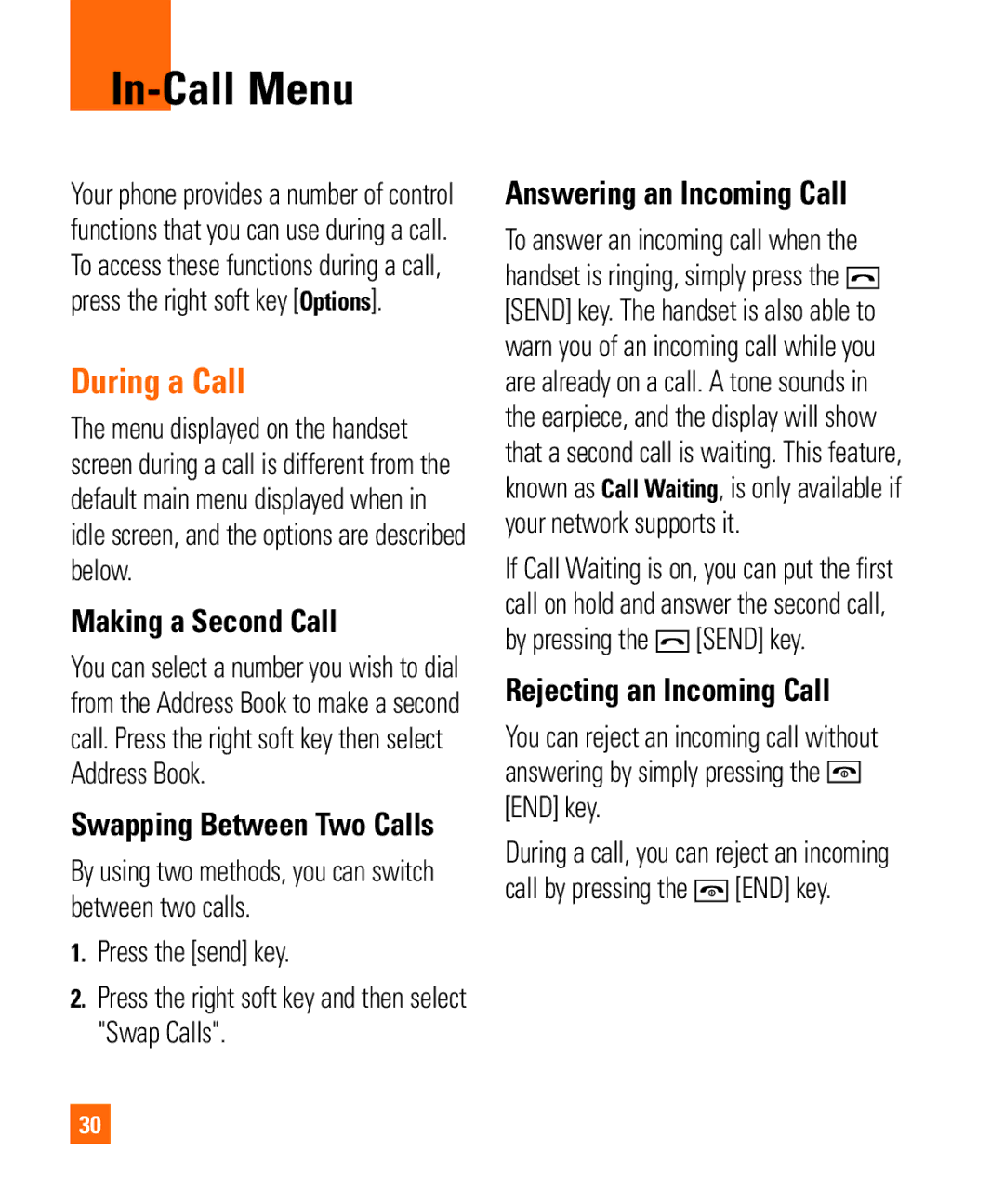 LG Electronics MMBB0294601 manual In-Call Menu, During a Call, Making a Second Call, Answering an Incoming Call 